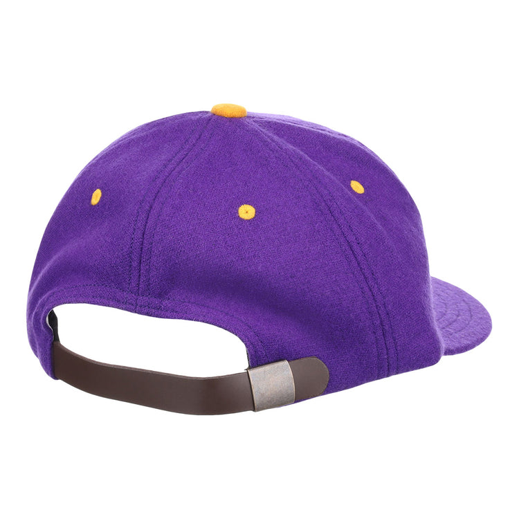 The EFF Louisiana State University Vintage Ballcap in purple features yellow stitched eyelets and top button, plus an adjustable brown strap with metallic clasp—ideal for LSU Tigers collectors and college sports fans.