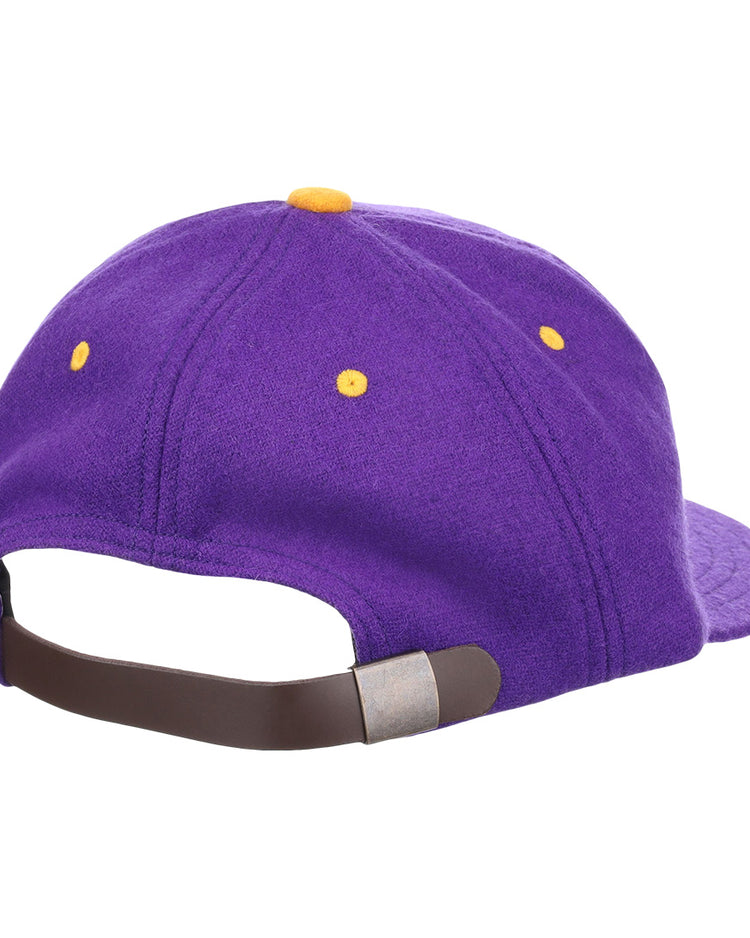 The EFF Louisiana State University Vintage Ballcap in purple features yellow stitched eyelets and top button, plus an adjustable brown strap with metallic clasp—ideal for LSU Tigers collectors and college sports fans.