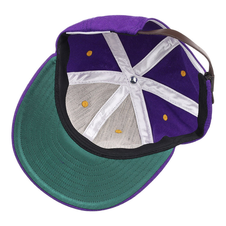 The EFF Louisiana State University Vintage Ballcap has a green underside brim, white interior seams, yellow stitching, and an adjustable brown strap—an ideal addition to any LSU Tigers hat collection.