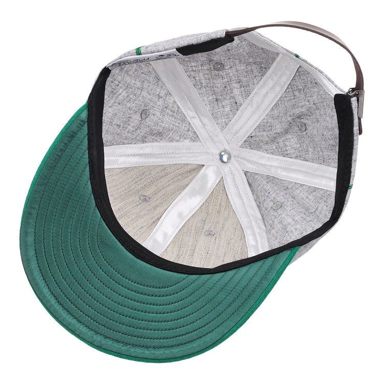 The image shows the inside of the EFF Manhattan College 1932 Vintage Ballcap, featuring a green brim, gray genuine wool panels, white stitched seams, and an adjustable brown back strap.
