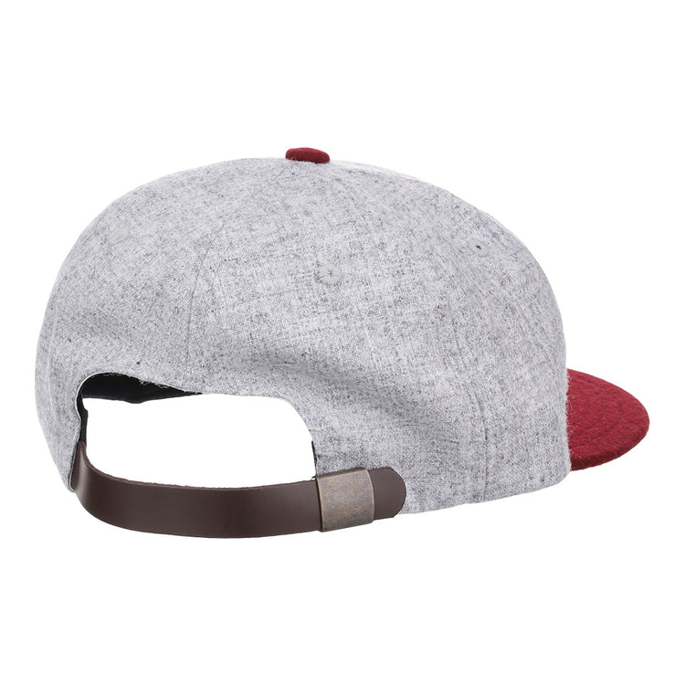 The EFF Mississippi State University Mascot Vintage Ballcap is a gray wool cap with a maroon brim, shown from the back and featuring a brown adjustable strap with metallic clasp—ideal for any MSU hat collection.