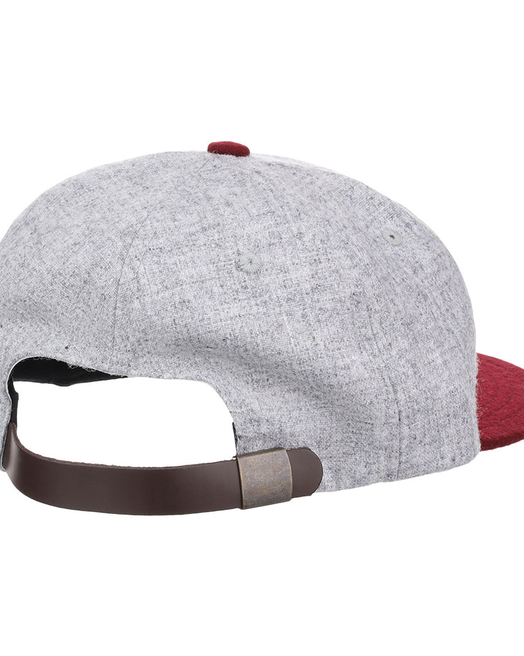 The EFF Mississippi State University Mascot Vintage Ballcap is a gray wool cap with a maroon brim, shown from the back and featuring a brown adjustable strap with metallic clasp—ideal for any MSU hat collection.