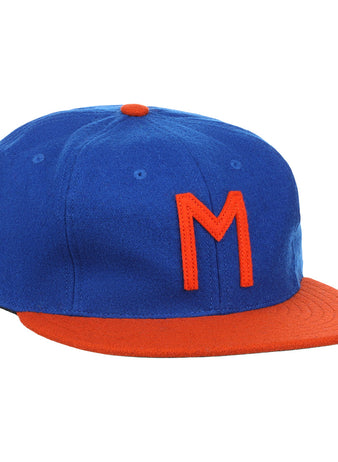 The EFF Morgan State University 1975 Vintage Ballcap features a blue crown, orange brim, and orange M on the front—crafted from genuine wool, its ideal for fans of classic style.