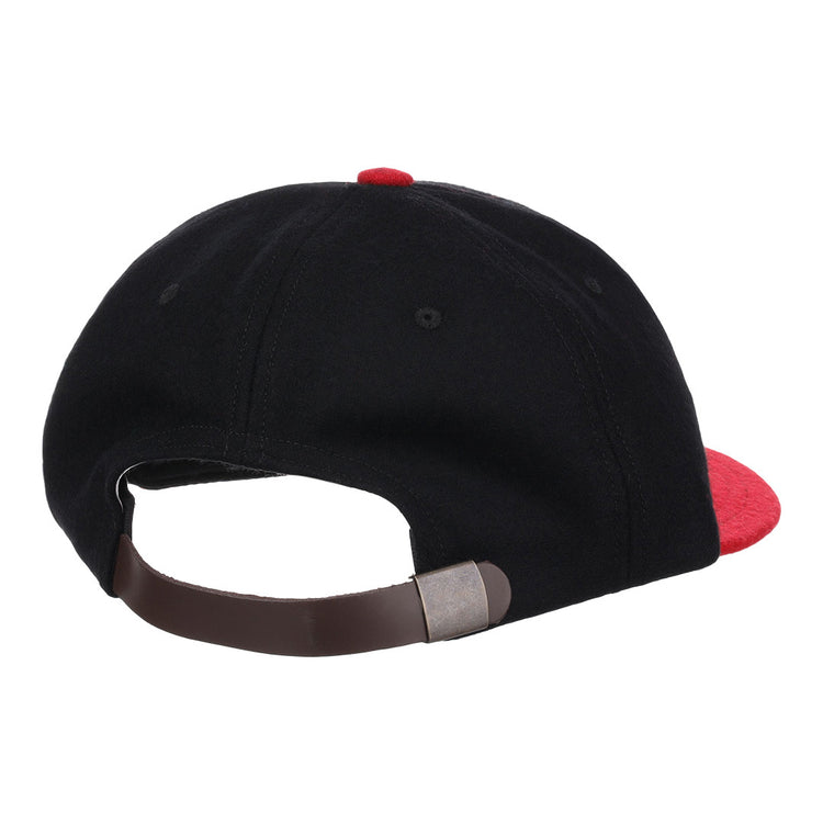 The EFF Rutgers University 1955 Vintage Ballcap is a black wool cap with a red button and brim, featuring a brown adjustable strap with metal clasp for a timeless look, shown here from the back.