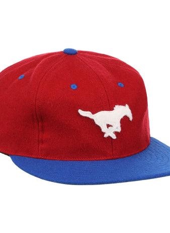 The EFF Southern Methodist University Mascot Vintage Ballcap features a red design with a blue brim and top button plus a white running mustang—perfect for any SMU Mustangs hat collection.