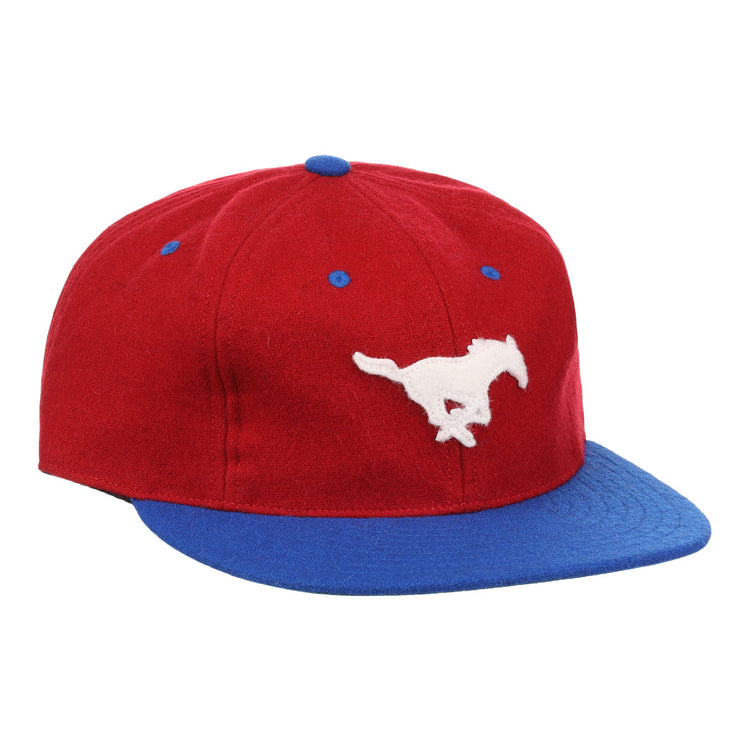 The EFF Southern Methodist University Mascot Vintage Ballcap features a red design with a blue brim and top button plus a white running mustang—perfect for any SMU Mustangs hat collection.