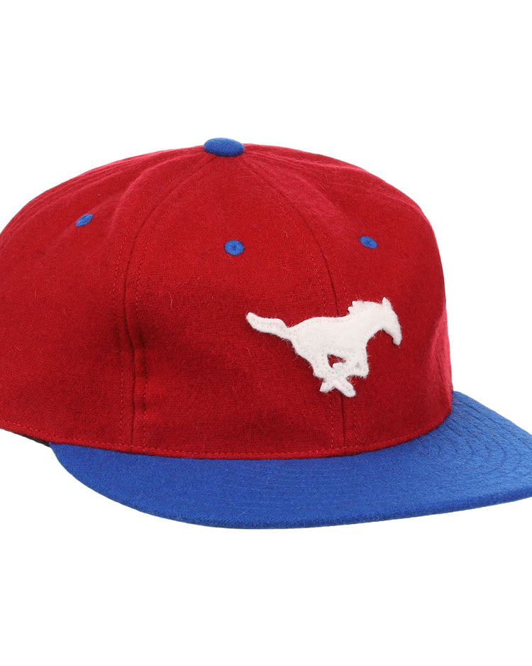 The EFF Southern Methodist University Mascot Vintage Ballcap features a red design with a blue brim and top button plus a white running mustang—perfect for any SMU Mustangs hat collection.