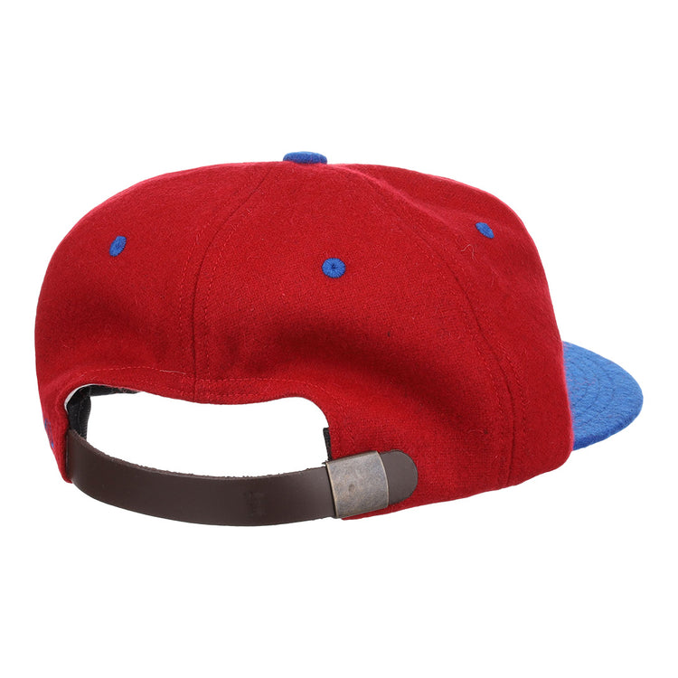 The EFF Southern Methodist University Mascot Vintage Ballcap features a red and blue design, brown adjustable strap with metallic clasp, blue eyelets, and a blue top button for classic style. Viewed from the back.