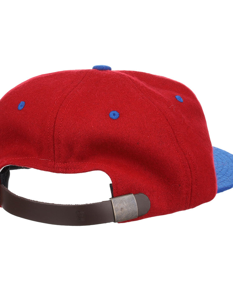 The EFF Southern Methodist University Mascot Vintage Ballcap features a red and blue design, brown adjustable strap with metallic clasp, blue eyelets, and a blue top button for classic style. Viewed from the back.