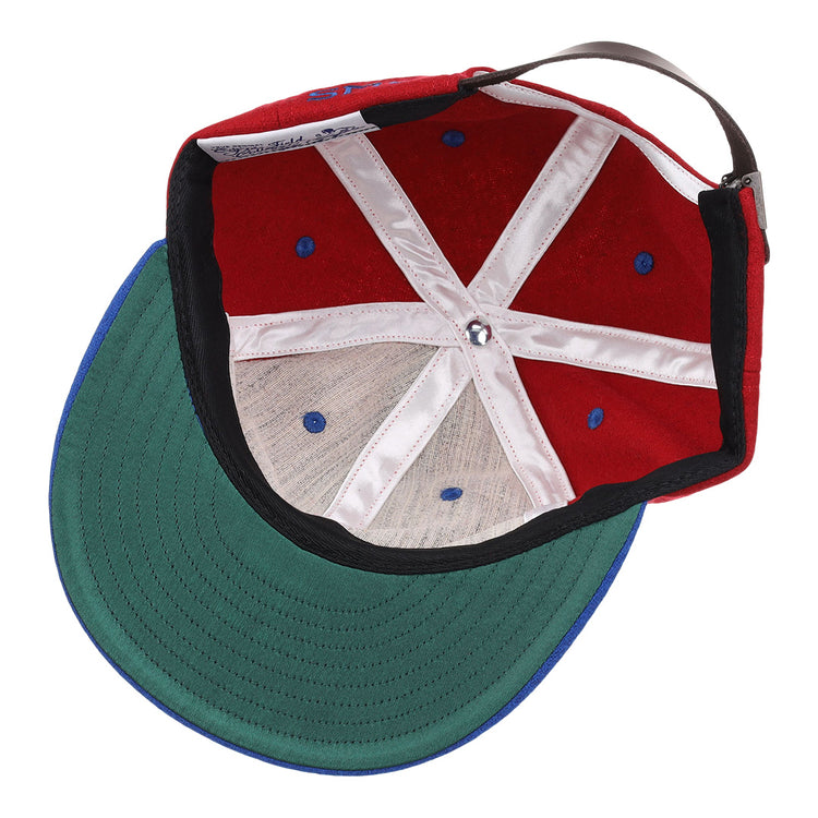 The EFF Southern Methodist University Mascot Vintage Ballcap features white stitched panels, blue ventilation holes, a green underbrim, and an adjustable brown strap—classic elements of a collegiate wool cap.