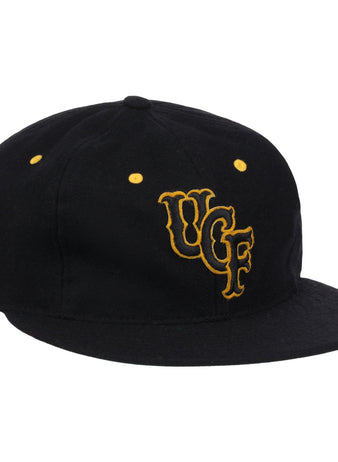 The EFF University of Central Florida Vintage Ballcap is a genuine wool hat with yellow embroidered UCF letters on the front and yellow eyelets, offering a classic UCF look.