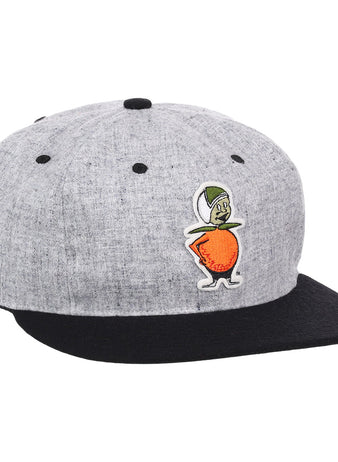 The EFF University of Central Florida Mascot Vintage Ballcap is a gray and black flat-brimmed cap featuring the embroidered Citronaut—UCF’s mascot with an orange body, white limbs, and green hat—officially licensed.
