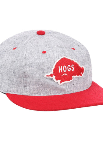 The EFF University of Arkansas Mascot Vintage Ballcap features a gray design with a red brim and accents, plus a hogs head patch with HOGS in white—perfect for Razorbacks fans.