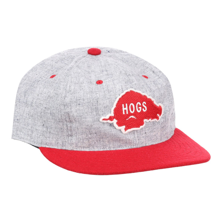 The EFF University of Arkansas Mascot Vintage Ballcap features a gray design with a red brim and accents, plus a hogs head patch with HOGS in white—perfect for Razorbacks fans.