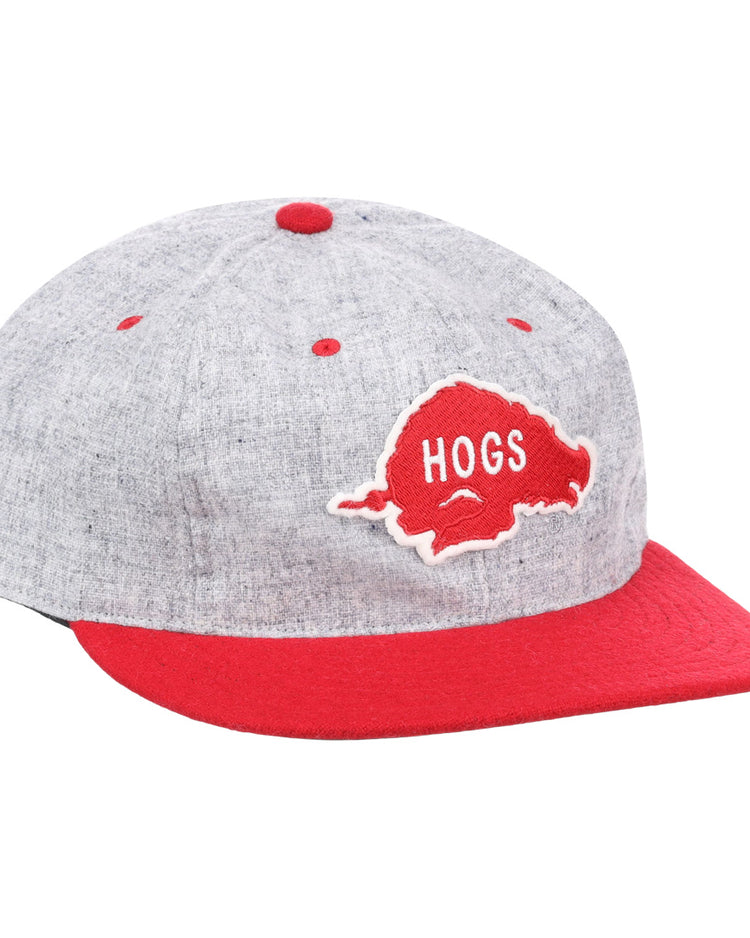 The EFF University of Arkansas Mascot Vintage Ballcap features a gray design with a red brim and accents, plus a hogs head patch with HOGS in white—perfect for Razorbacks fans.