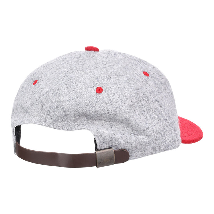 The EFF University of Arkansas Mascot Vintage Ballcap is shown from the back in gray with red accents. The cap features an adjustable brown strap with metal clasp, and part of the brim is visible on the right side.