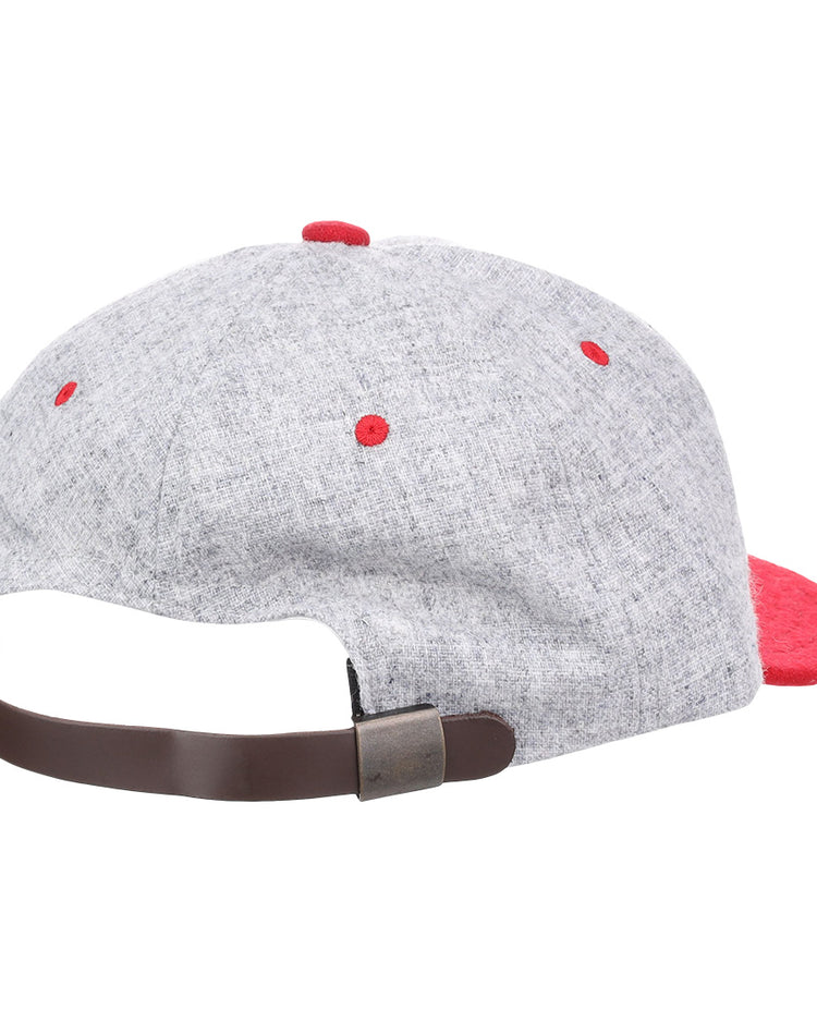 The EFF University of Arkansas Mascot Vintage Ballcap is shown from the back in gray with red accents. The cap features an adjustable brown strap with metal clasp, and part of the brim is visible on the right side.