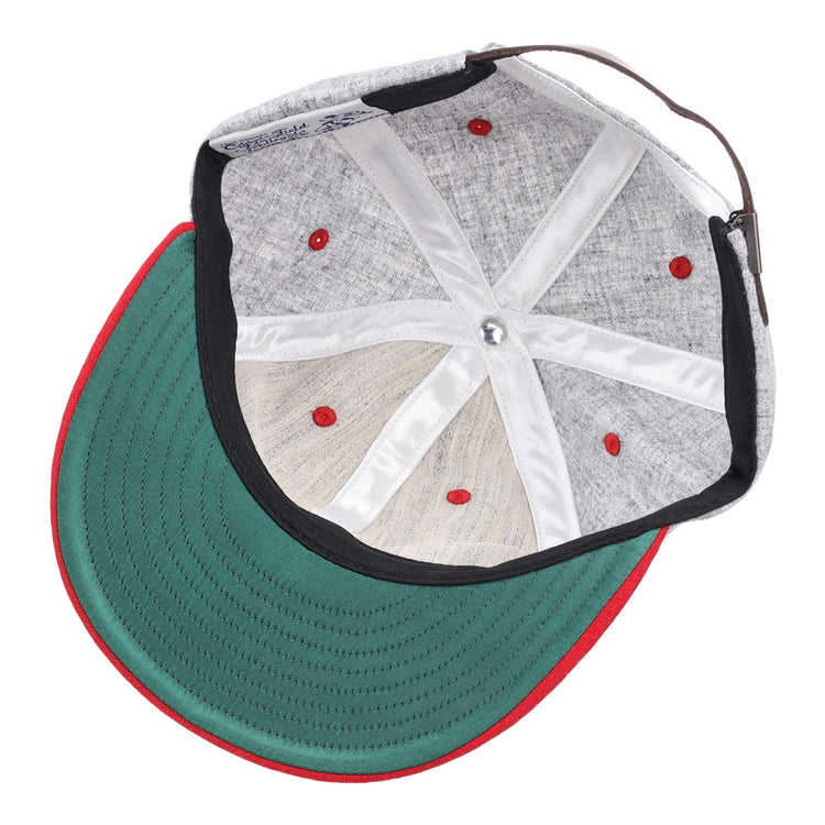 The inside of the EFF University of Arkansas Mascot Vintage Ballcap features a gray crown, green visor, red trim and stitched eyelets. White satin lining extends from the center button on the interior for a classic collegiate look.