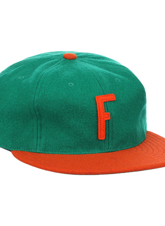 The EFF Florida A&M University 1969 Vintage Ballcap is a green wool baseball cap with an orange brim and button, showcasing a raised orange F on the front—an authentic throwback to the classic 1969 FAMU style.