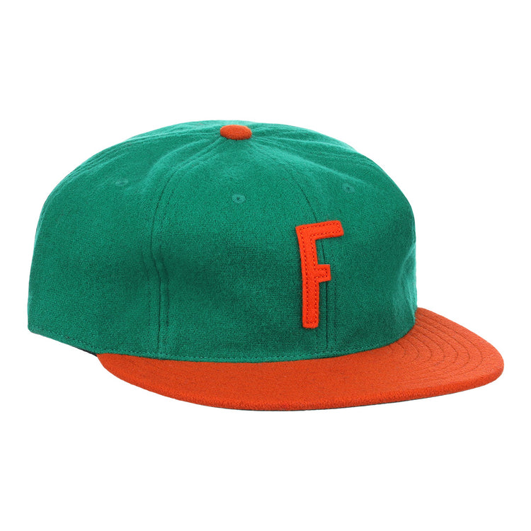 The EFF Florida A&M University 1969 Vintage Ballcap is a green wool baseball cap with an orange brim and button, showcasing a raised orange F on the front—an authentic throwback to the classic 1969 FAMU style.