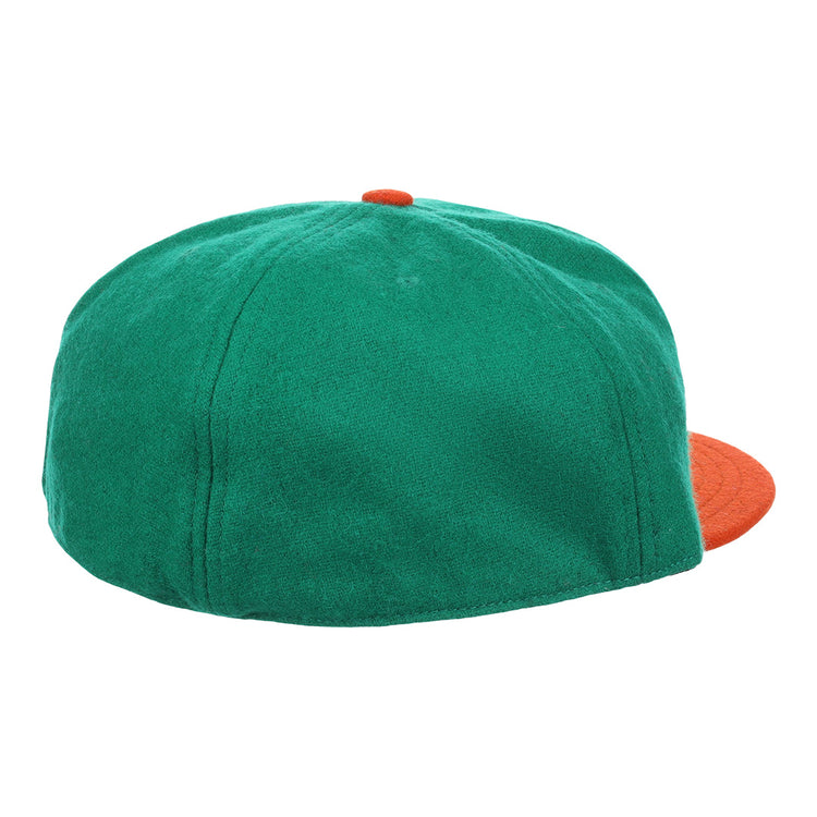 The EFF Florida A&M University 1969 Vintage Ballcap is a green genuine wool cap with an orange brim and orange top button, displayed from the back on a white background.