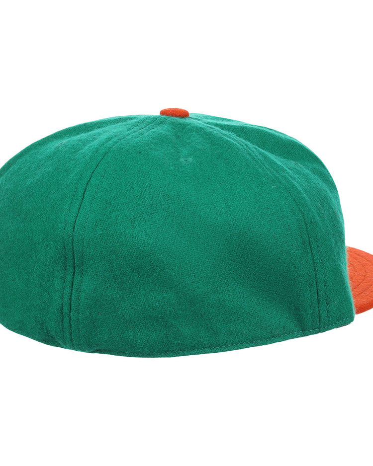 The EFF Florida A&M University 1969 Vintage Ballcap is a green genuine wool cap with an orange brim and orange top button, displayed from the back on a white background.