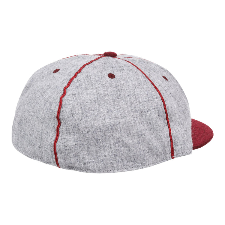 The EFF Loyola Marymount University 1939 Vintage Ballcap is a grey hat with bold red accents—stitching, eyelets, top button, and brim—shown from the back and side.