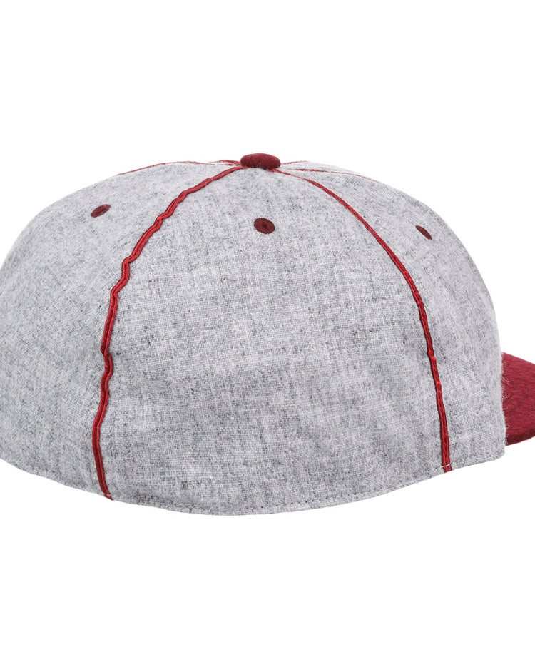 The EFF Loyola Marymount University 1939 Vintage Ballcap is a grey hat with bold red accents—stitching, eyelets, top button, and brim—shown from the back and side.