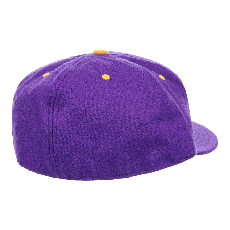 The EFF Louisiana State University Vintage Ballcap features a purple design with small yellow ventilation holes and a matching top button—an ideal addition to any LSU Tigers hat collection.