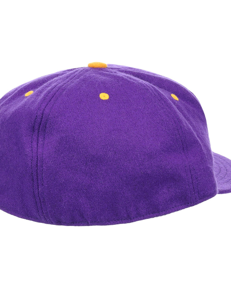 The EFF Louisiana State University Vintage Ballcap features a purple design with small yellow ventilation holes and a matching top button—an ideal addition to any LSU Tigers hat collection.