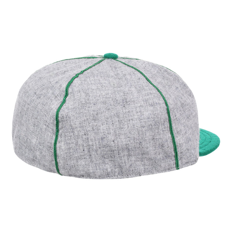 The EFF Manhattan College 1932 Vintage Ballcap is made from authentic gray wool baseball cloth and features green stitching, a green top button, and a partially visible green brim. Shown from the back.