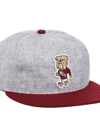 The EFF Mississippi State University Mascot Vintage Ballcap features a wool gray crown, maroon brim and button, and a patch of the bulldog mascot in a maroon MSU sweater—an ideal hat for Mississippi State fans.