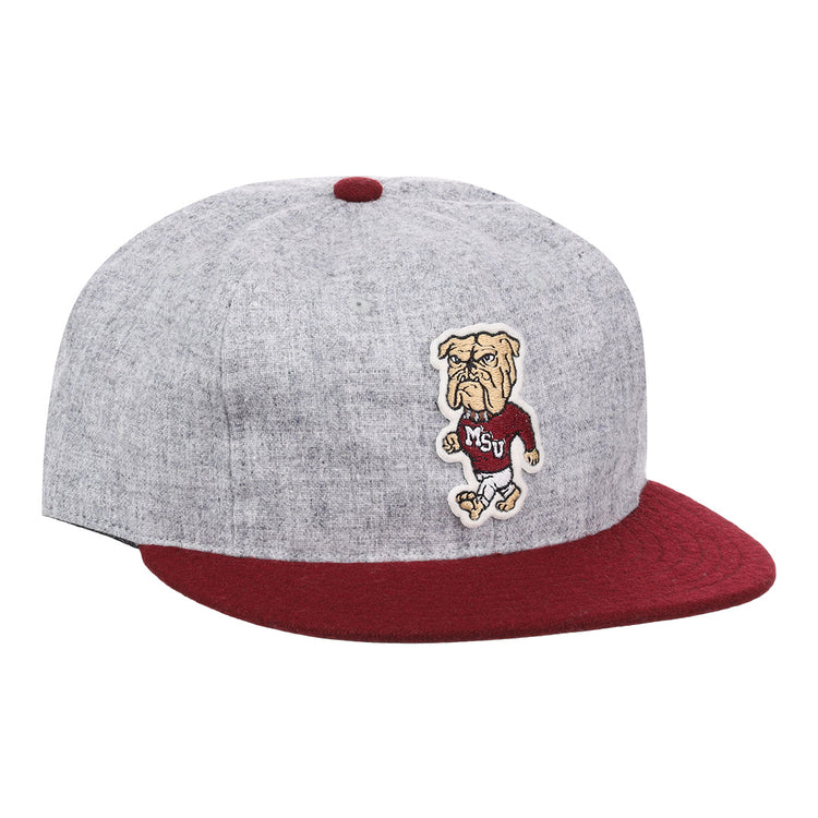 The EFF Mississippi State University Mascot Vintage Ballcap features a wool gray crown, maroon brim and button, and a patch of the bulldog mascot in a maroon MSU sweater—an ideal hat for Mississippi State fans.