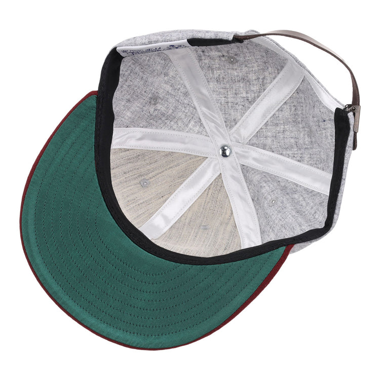 Inside the EFF Mississippi State University Mascot Vintage Ballcap: gray fabric panels, white stitching, green undervisor, red brim edge, and an adjustable brown strap at the back.