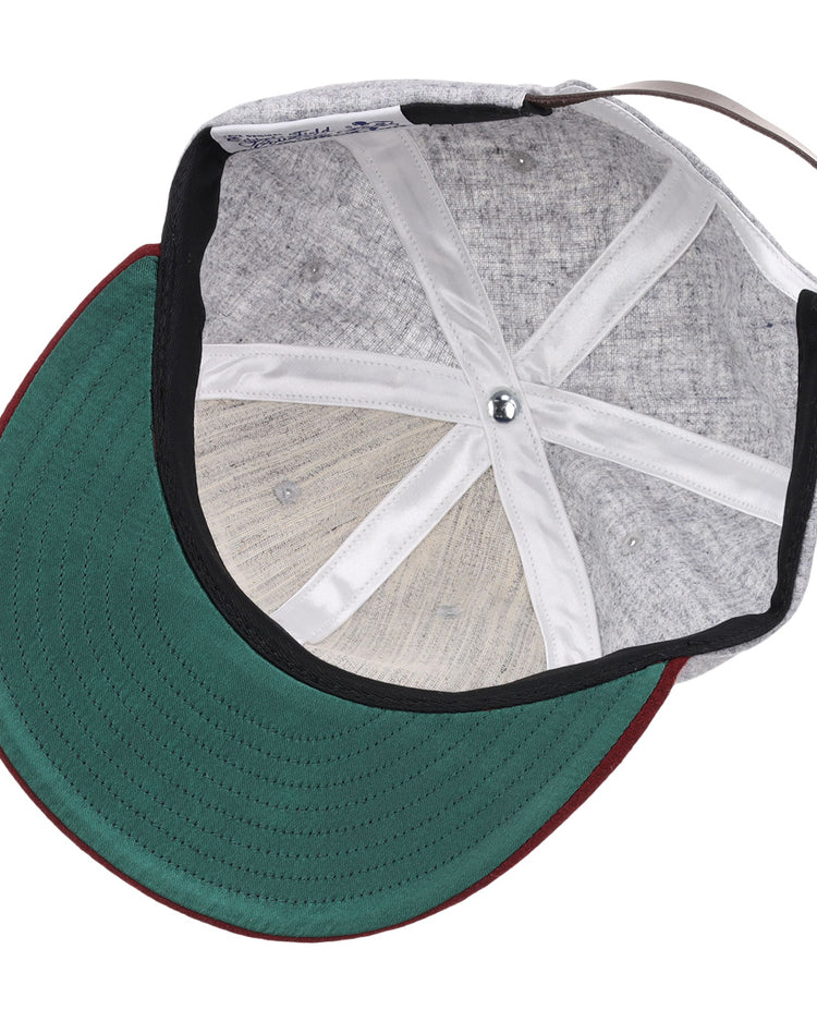 Inside the EFF Mississippi State University Mascot Vintage Ballcap: gray fabric panels, white stitching, green undervisor, red brim edge, and an adjustable brown strap at the back.