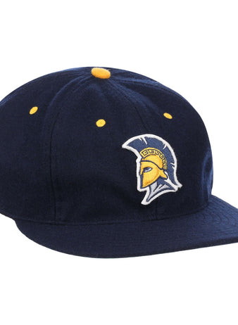 The EFF University of North Carolina Greensboro Mascot Vintage Ballcap is a navy wool cap with a yellow and white embroidered Spartan helmet logo, inspired by classic college sports, and features yellow accent dots on top and sides.