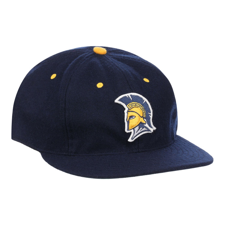 The EFF University of North Carolina Greensboro Mascot Vintage Ballcap is a navy wool cap with a yellow and white embroidered Spartan helmet logo, inspired by classic college sports, and features yellow accent dots on top and sides.