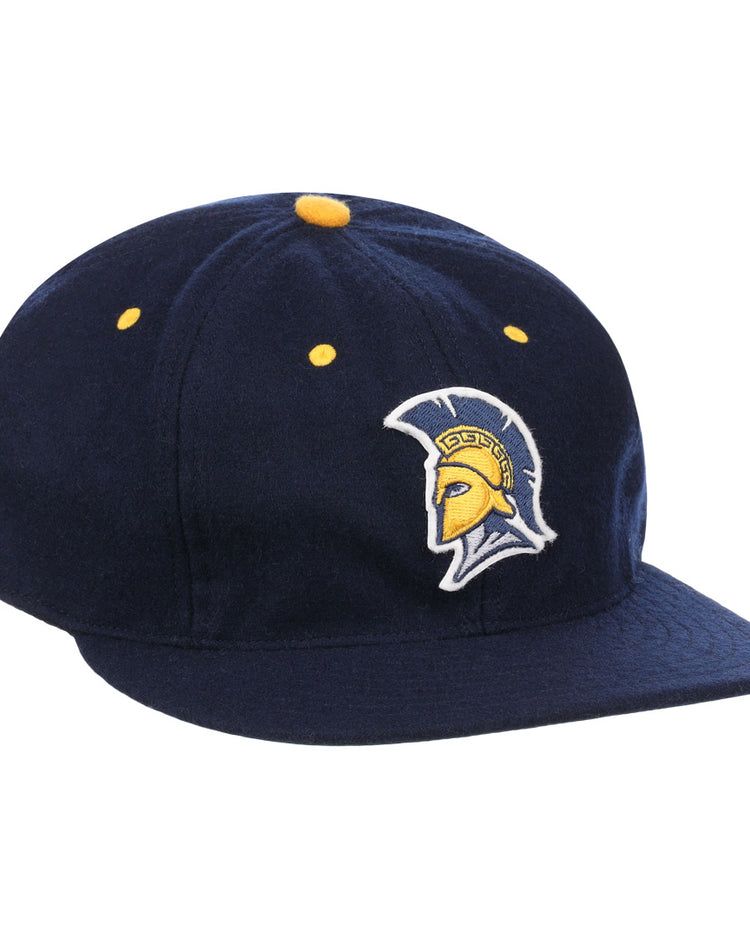 The EFF University of North Carolina Greensboro Mascot Vintage Ballcap is a navy wool cap with a yellow and white embroidered Spartan helmet logo, inspired by classic college sports, and features yellow accent dots on top and sides.
