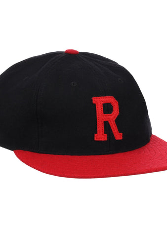 The EFF Rutgers University 1955 Vintage Ballcap features black wool, a red brim, a large red R on the front, and a matching red top button.
