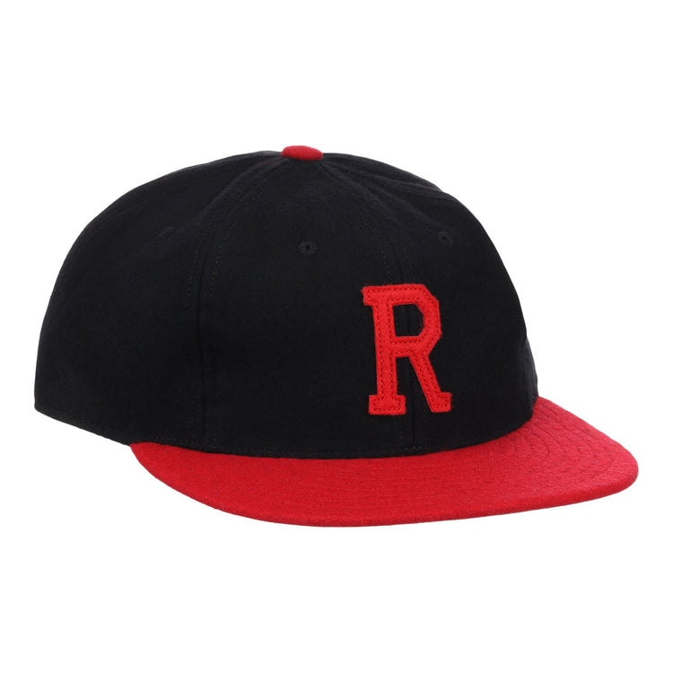The EFF Rutgers University 1955 Vintage Ballcap features black wool, a red brim, a large red R on the front, and a matching red top button.