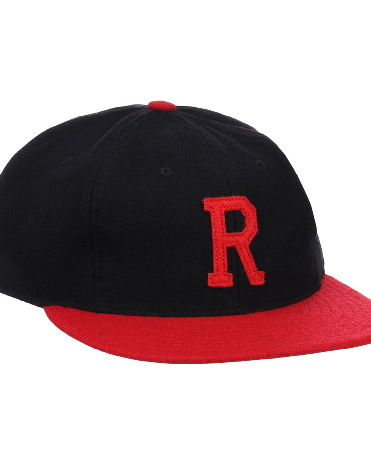 The EFF Rutgers University 1955 Vintage Ballcap features black wool, a red brim, a large red R on the front, and a matching red top button.
