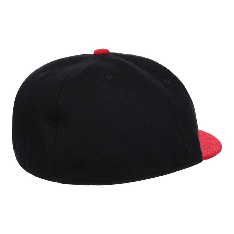 The EFF Rutgers University 1955 Vintage Ballcap is a black wool cap with a red brim and top button, pictured from the back at a slight right angle.