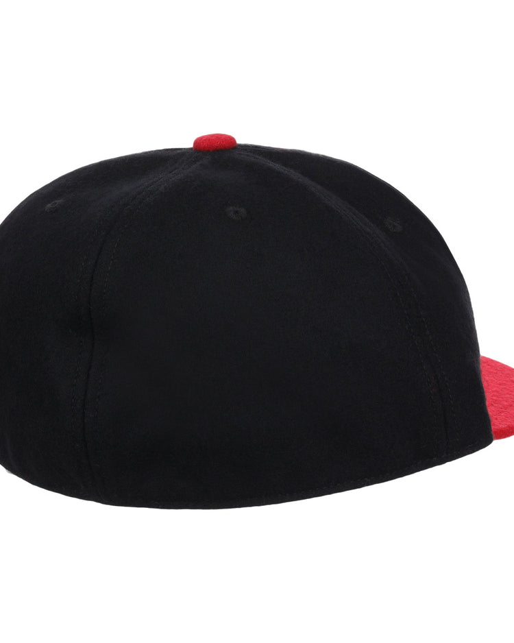 The EFF Rutgers University 1955 Vintage Ballcap is a black wool cap with a red brim and top button, pictured from the back at a slight right angle.
