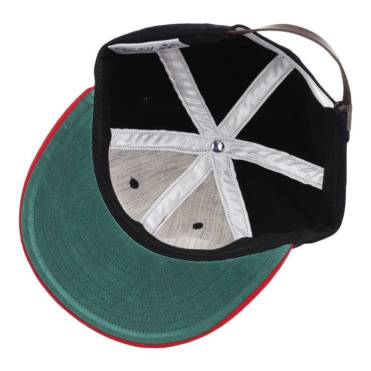 The image shows the inside of an EFF Rutgers University 1955 Vintage Ballcap featuring a green brim underside, red edge, white stitching, and a black adjustable back strap.