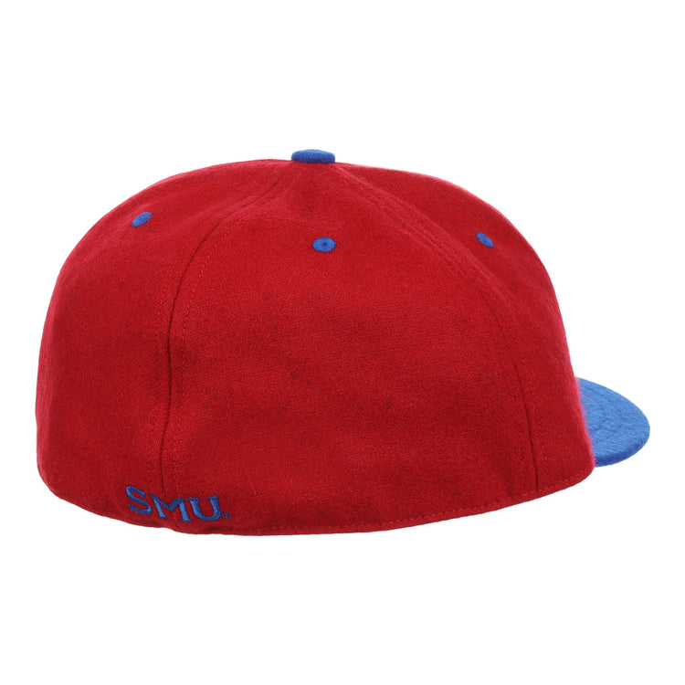 The EFF Southern Methodist University Mascot Vintage Ballcap features a red body, blue bill, blue top button, and eyelets, with “SMU” embroidered in blue on the back—perfect for any SMU Mustangs fan or collector.
