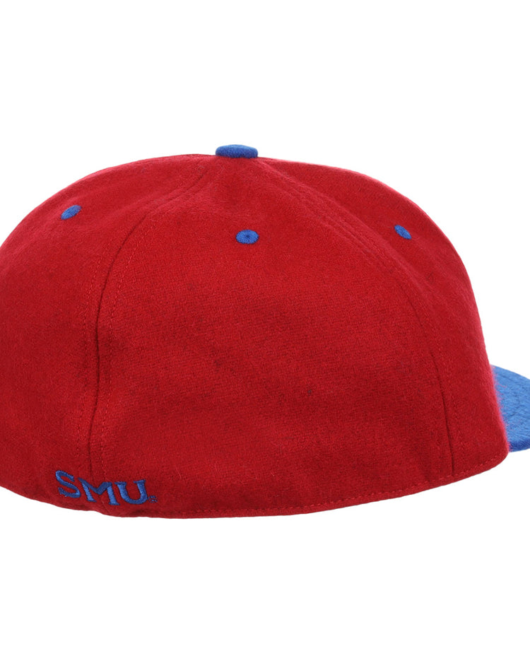 The EFF Southern Methodist University Mascot Vintage Ballcap features a red body, blue bill, blue top button, and eyelets, with “SMU” embroidered in blue on the back—perfect for any SMU Mustangs fan or collector.