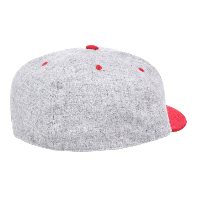 The University of Arkansas Mascot Vintage Ballcap by EFF features light gray wool, red accents, a red top button and eyelets, and a flat red brim, shown from the back and side for a classic Razorbacks look.