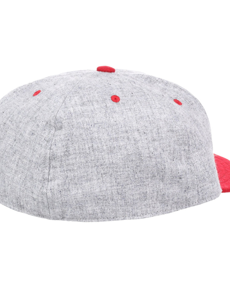 The University of Arkansas Mascot Vintage Ballcap by EFF features light gray wool, red accents, a red top button and eyelets, and a flat red brim, shown from the back and side for a classic Razorbacks look.