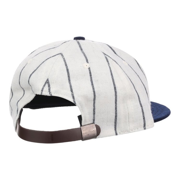 The EFF Duke University Pinstripe Script Vintage Ballcap, shown from the back, features white fabric with thin navy stripes, a brown adjustable strap with metal buckle, a blue brim partially visible in front—an authentic 1968 reproduction.
