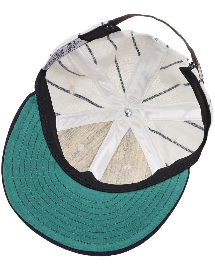 A look inside the EFF Duke University Pinstripe Script Vintage Ballcap shows a green underside brim, white panels with black stitching, ventilation holes, and an adjustable brown strap—an authentic 1968 reproduction.